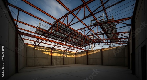 Wallpaper Mural Empty square room with Structure of steel roof frame for building construction on sky background. Torontodigital.ca