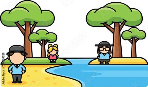 Two Pixel Art People Stand Near Trees by a Beach and Water Under a White Sky