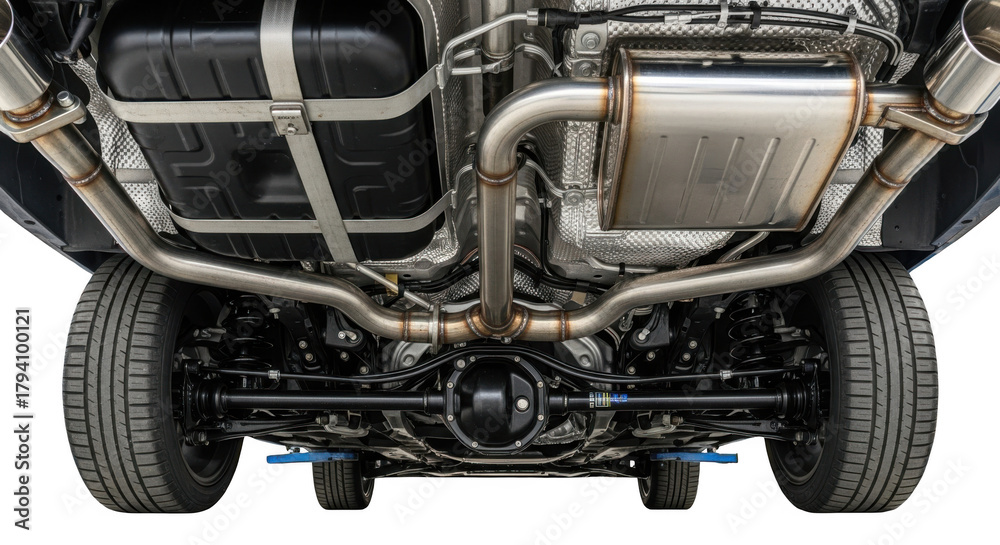 Fototapeta premium Underside view of modern car chassis and exhaust system parts