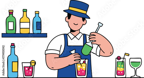 Bartender Preparing Colorful Cocktails Behind a Bar With Bottles and Glasses