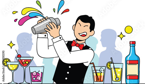 Joyful Bartender Shakes Colorful Cocktail With Silhouettes of Patrons and Drinks on Bar