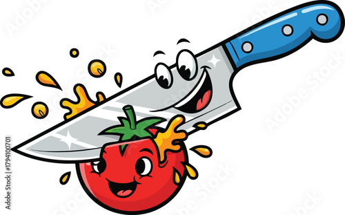 Smiling cartoon knife happily slicing a cheerful tomato with juice splashing outwards