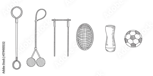 Set of juggling props line art including clubs and balls vector illustration for circus skills and performance arts