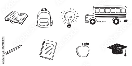 Hand-drawn school icons including a book backpack lightbulb and school bus for education and learning resources