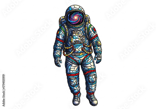 An astronaut in a detailed stained-glass suit, with a swirling galaxy visible within the helmet's visor.