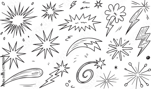 Line speed cartoon effect, boom explosive motion line element set. Comic boom burst, explosive smoke, Hand drawn sketch doodle action effect. Vector 