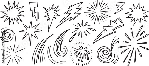 Line speed cartoon effect, boom explosive motion line element set. Comic boom burst, explosive smoke, Hand drawn sketch doodle action effect. Vector 