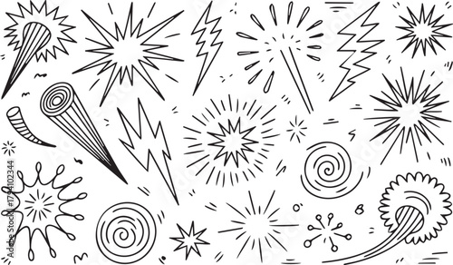 Line speed cartoon effect, boom explosive motion line element set. Comic boom burst, explosive smoke, Hand drawn sketch doodle action effect. Vector 
