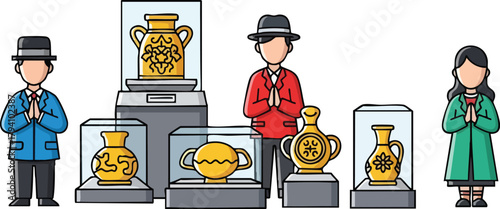 Pixel Art Museum Exhibit With People Viewing Golden Artifacts In Display Cases