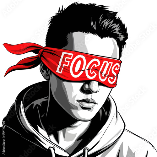 Man with red blindfold emphasizing focus and determination for success in life.