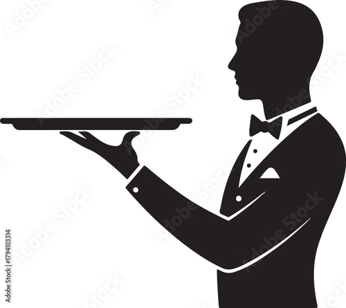 Waiter in Tuxedo Silhouette with Serving Tray: Service Icon

Professional Maitre D' Vector Graphic: Restaurant Hospitality

Black Silhouette of a Butler or Server Holding a Tray