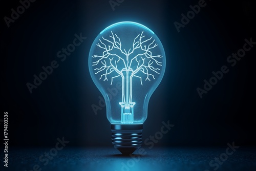 Glowing light bulb contains branching neural network, symbolizing innovation and intelligence in dark space.
