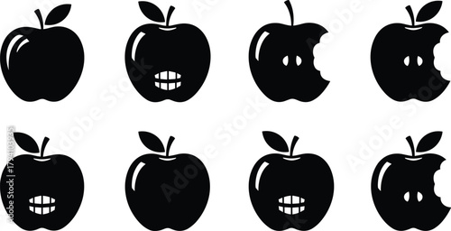 Apple silhouette evolution, bitten fruit stages, cartoon apple faces, humorous vector concept, black apple icons, minimal design, cad drawing flat vector illustration