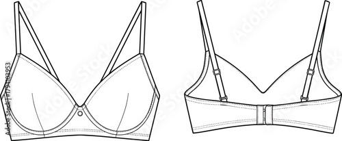 Bra technical drawing, lingerie vector sketch, fashion flat design, garment construction detail, sewing pattern, cad drawing flat vector illustration