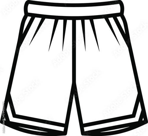 Athletic shorts technical sketch, black and white line art, sportswear design, CAD drawing, flat vector illustration, fashion template