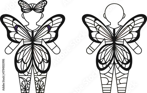Butterfly costume vector, symmetrical wing design, fashion illustration, theatrical outfit sketch, insect-inspired attire, cad drawing flat vector illustration