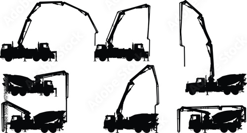 Concrete pump truck silhouette, construction machinery vector, boom arm positions, heavy equipment illustration, CAD drawing, flat vector, engineering graphic