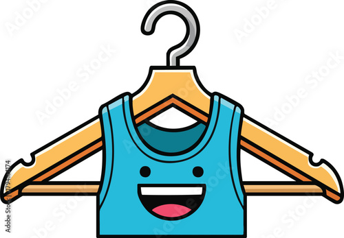 A Blue Tank Top With A Smiling Face On A Wooden Hanger On A White Background