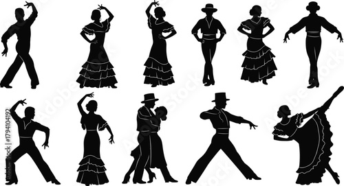 Dance silhouette vector, flamenco pose illustration, traditional costume dancers, Latin movement art, black figures, cad drawing flat vector illustration