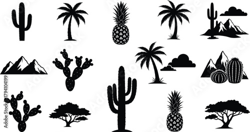 Desert tropical silhouette vector, cactus palm tree icons, mountain landscape elements, nature graphic set, cad drawing flat vector illustration