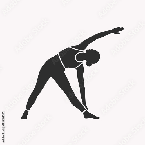 Silhouette of a woman doing a yoga triangle pose isolated on white background