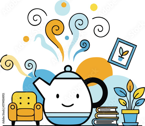 Smiling Teapot With Steam And Cozy Living Room Elements Including Armchair Books Plant