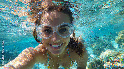 Fototapeta Naklejka Na Ścianę i Meble -  Underwater selfie smiling woman swim goggles snorkeling clear water coral reef tropical sea summer vacation marine life adventure