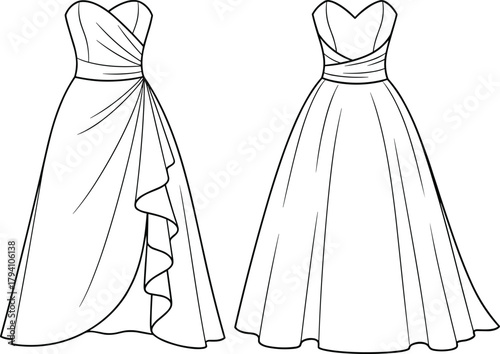 Evening gown fashion sketch, strapless dress CAD drawing, sweetheart neckline vector, pleated bodice, garment design, flat illustration, template