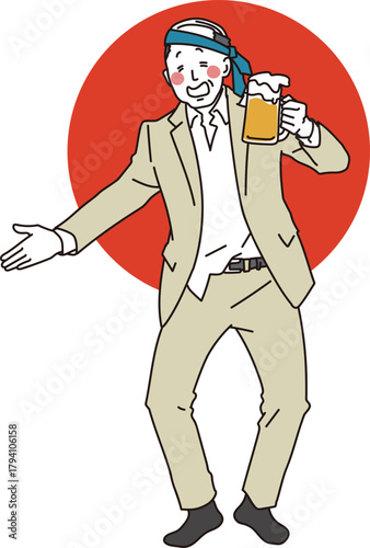 ビールジョッキを片手にご機嫌な中年男性のイラスト素材