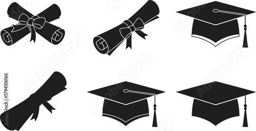 Graduation cap and diploma icon set, black and white line art, academic symbol, cad drawing, flat vector illustration