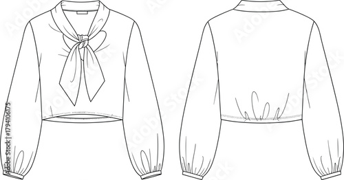 Fashion blouse technical sketch, long sleeve top design, bow tie collar, cropped garment vector, flat drawing, CAD illustration, apparel template