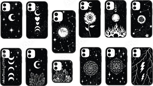 Mystical phone case vector, celestial design silhouettes, moon star crystal icons, spiritual graphic set, cad drawing flat vector illustration
