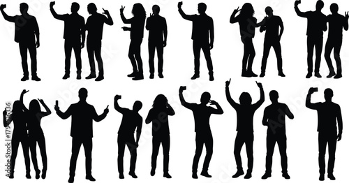 Selfie silhouette vector, people taking selfies, smartphone poses, black human icons, social media gesture, cad drawing flat vector illustration