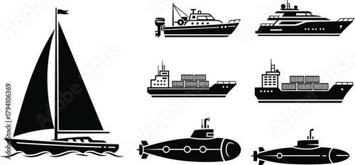 Silhouette watercraft vector, sailboat, motorboat, yacht, cargo ship, submarine, marine transport, black icon set, nautical illustration, flat