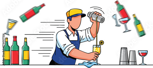 Bartender Making Drinks With Flying Bottles and Glasses In A Fast Moving Scene