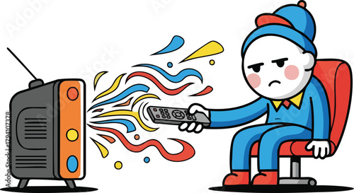 Sad Person Wearing Blue Outfit Watching Colorful Abstract Shapes on Television Screen Holding Remote Control