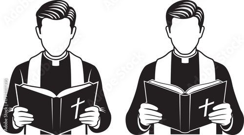 Two priests reading holy books silhouette