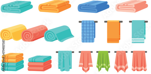 Collection of colorful bath and hand towels in various styles, including folded, rolled, and hanging, perfect for hygiene, spa, and home decor themes.