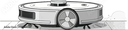 Black and White Line Art Illustration of a Modern Robotic Vacuum Cleaner Cleaning a Floor