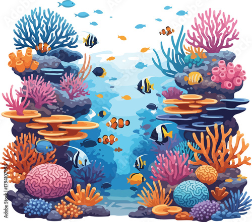 Vibrant Cartoon Coral Reef Scene with Tropical Fish and Sea Life Illustration