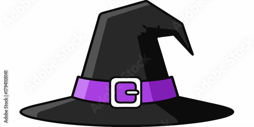 Classic Black Witch Hat with Purple Band and Silver Buckle Illustration.