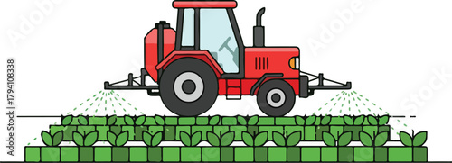 Red Tractor Spraying Pesticides or Fertilizer on Crops in a Field Illustration
