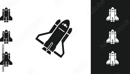 Space shuttle icon, black and white, silhouette design, aerospace symbol, rocket graphic, cad drawing flat vector illustration, symmetrical layout, contrast