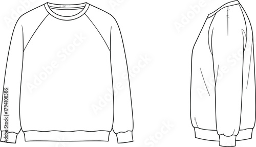 Sweatshirt technical sketch front and side view, black and white line art, fashion design, CAD drawing, flat vector illustration
