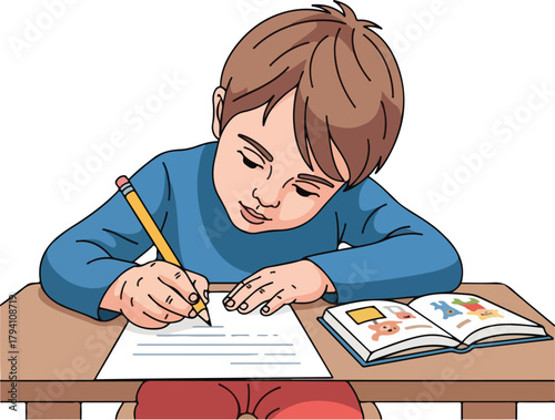 Young Boy Concentrating on Writing Homework or School Assignment at Desk Illustration