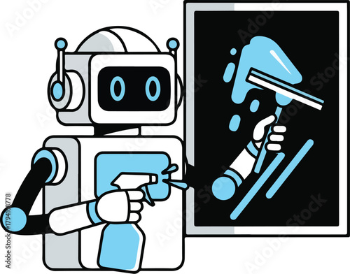 AI Robot Cleaning Window with Squeegee Illustration of Smart Automation and Modern Service Industry
