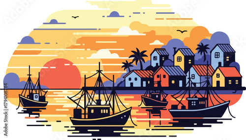 Vibrant Sunset Over Coastal Fishing Village with Boats Docked at Harbor