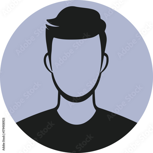 Male profile silhouette vector with dark hair and black t-shirt on light purple circle background