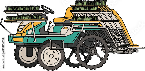 Modern Rice Transplanting Machine Illustration for Agricultural Technology Concepts