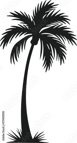 Black silhouette of a palm tree with spiky fronds and a curved trunk on a white background